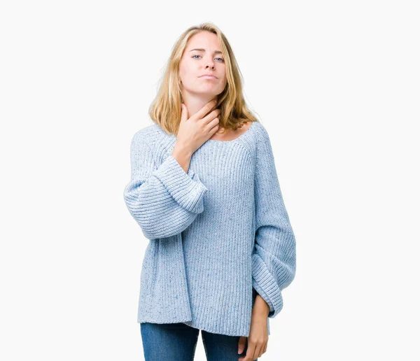 Beautiful Young Woman Wearing Blue Sweater Isolated Background Touching Painful — Stock Photo, Image