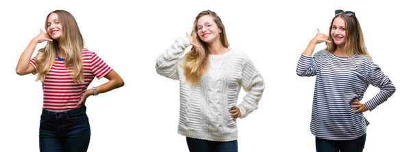 Colagem Jovem Bela Mulher Loira Sobre Fundo Isolado Sorrindo Fazendo — Fotografia de Stock