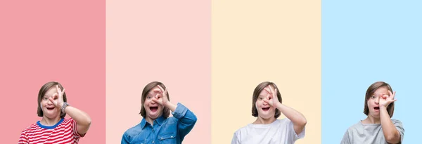 Colagem Mulher Síndrome Sobre Listras Coloridas Fundo Isolado Fazendo Gesto — Fotografia de Stock