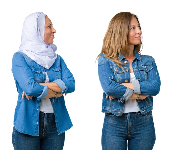 Collage Hermosa Mujer Árabe Mediana Edad Sobre Fondo Aislado Sonriendo —  Fotos de Stock