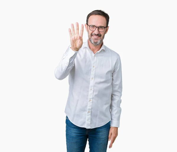 ハンサムな中年エレガントなシニア ビジネス男で眼鏡をかけて分離を示す背景と自信を持って 幸せな笑みを浮かべて 番の指で上向き — ストック写真