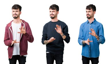 Kolaj izole arka plan üzerinde genç adam bir tiksinti ifadesi, memnun ve korkulu tiksinti yüz yapıyorsun çünkü nefret tepki. Elleriyle kaldırdı. Sinir bozucu kavramı.