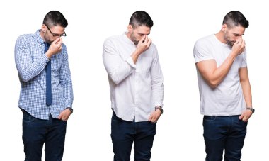 Beyaz izole arka planda yakışıklı iş adamı kolaj burun ve gözler yorgunluk ve baş ağrısı hissi yorgun. Stres ve hayal kırıklığı kavramı.