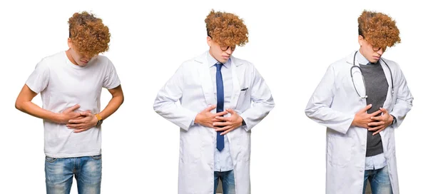 Koláž Mladého Lékaře Lékařském Kabátě Izolovaném Bílém Pozadí Rukou Břiše — Stock fotografie