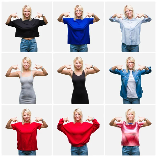 Collage Vackra Blonda Kvinnan Bär Differents Casual Ser Över Isolerad — Stockfoto