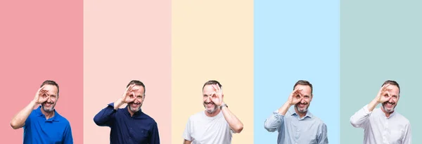 Collage Van Senior Grijze Knappe Man Kleurrijke Strepen Geïsoleerd Achtergrond — Stockfoto