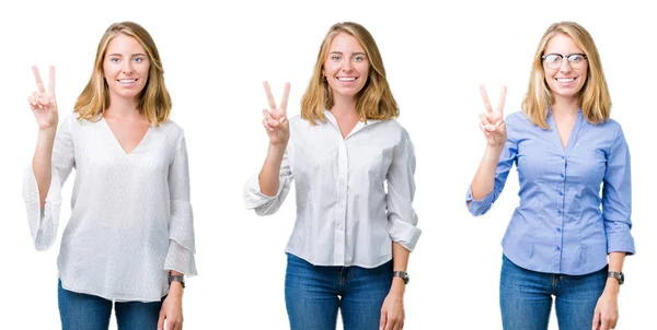 Collage Van Mooie Blonde Zakenvrouw Witte Geïsoleerde Achtergrond Tonen Wijzend — Stockfoto