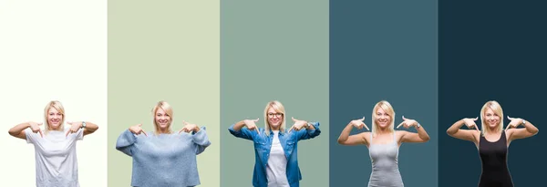 Collage Einer Schönen Blonden Frau Über Grünem Vintage Hintergrund Die — Stockfoto