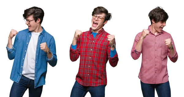 Collage Young Man White Isolated Background Very Happy Excited Doing — Stock Photo, Image