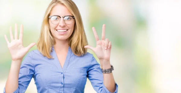 Beautiful Young Business Woman Isolated Background Showing Pointing Fingers Number — Stock Photo, Image