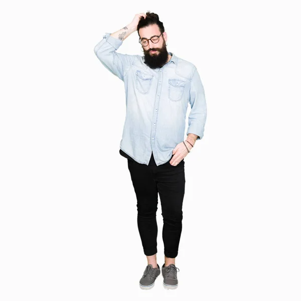 Young Hipster Man Long Hair Beard Wearing Glasses Confuse Wonder — Stock Photo, Image