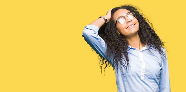 Young Beautiful Business Girl Curly Hair Wearing Glasses Smiling Confident — Stock Photo, Image