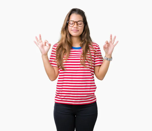 Young Beautiful Brunette Woman Wearing Glasses Stripes Shirt Isolated Background — Stock Photo, Image