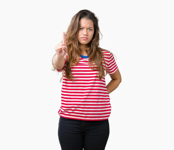 Jovem Bela Mulher Morena Vestindo Listras Shirt Sobre Fundo Isolado — Fotografia de Stock