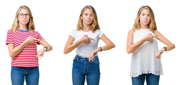 Collage Hermosa Mujer Rubia Sobre Fondo Blanco Aislado Prisa Apuntando — Foto de Stock