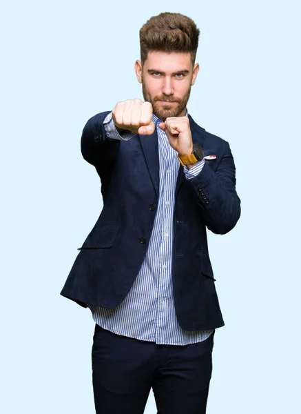 Young Handsome Bussines Man Punching Fist Fight Aggressive Angry Attack — Stock Photo, Image