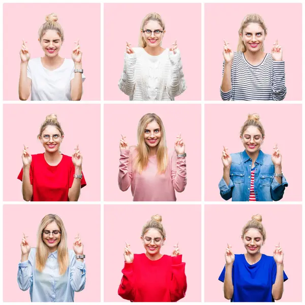 Colagem Jovem Bela Mulher Loira Sobre Rosa Isolado Fundo Sorrindo — Fotografia de Stock