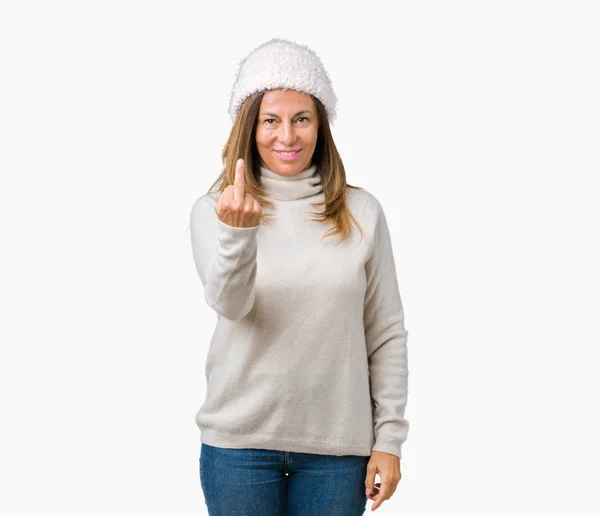 Schöne Frau Mittleren Alters Trägt Winterpullover Und Hut Über Isoliertem — Stockfoto