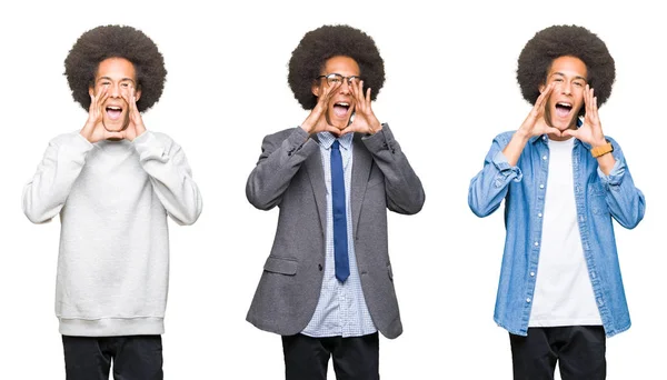 Collage Giovane Uomo Con Capelli Afro Sfondo Bianco Isolato Gridare — Foto Stock