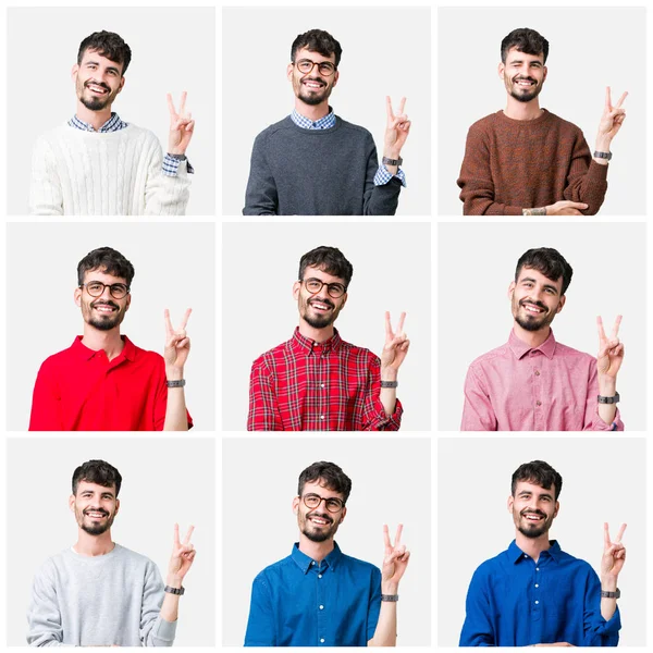 Collage Hombre Joven Sobre Fondo Aislado Sonriendo Con Cara Feliz —  Fotos de Stock