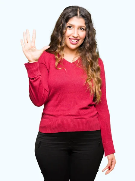 Jovem Mulher Bonita Vestindo Camisola Vermelha Mostrando Apontando Para Cima — Fotografia de Stock