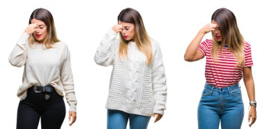 Kolaj izole arka burun ve göz yorgunluğu ve baş ağrısı duygu sürtünme yorgun genç güzel kadın. Stres ve hayal kırıklığı kavramı.