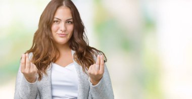 Artı boyutu genç kadın güzel kış ceket üzerinde arka plan yapıyor para jest maaş ödeme için milyoner iş isteyen el ile izole