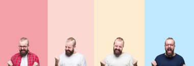 Renkli çizgiler izole arka plan üzerinde sakal ile genç adam kolaj çok mutlu ve heyecanlı silah kaldırdı, gülümseyen ve başarı için çığlık ile kazanan jest yapıyor. Kutlama konsepti.