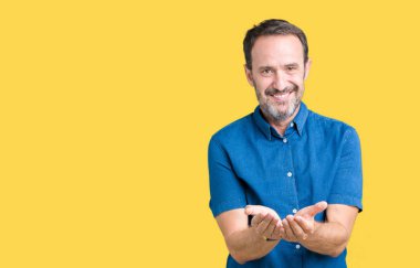 Yakışıklı orta yaş zarif üst düzey adam izole alma veya jest vererek birlikte el avuç içi ile gülen arka plan. Ayrı tutma ve koruma