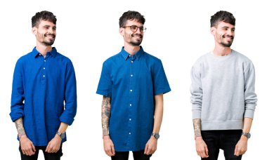 Kolaj uzak tarafına yüzünde, doğal ifade gülümseme ile seyir izole arka plan üzerinde genç adam. Kendine güvenen gülüyor.