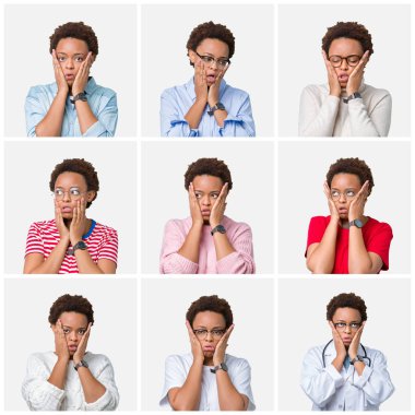 Izole arka plan üzerinde afro saçlı genç afro-amerikan kadın Yüz kapsayan yorgun eller, depresyon ve üzüntü, üzgün ve sorun için tahriş