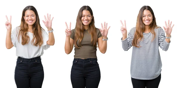 Коллаж Красивой Молодой Женщины Изолированном Фоне Показывая Показывая Пальцами Номер — стоковое фото