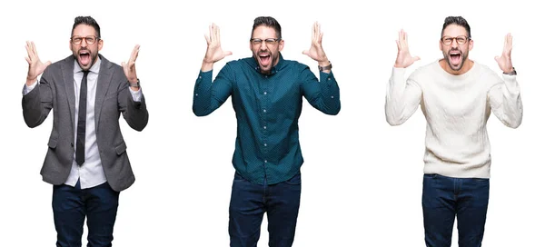 Colagem Belo Homem Negócios Sobre Fundo Isolado Branco Celebrando Louco — Fotografia de Stock