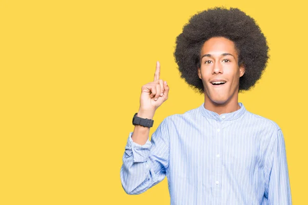 Unga Afroamerikanska Man Med Afro Hår Pekar Finger Med Lyckad — Stockfoto