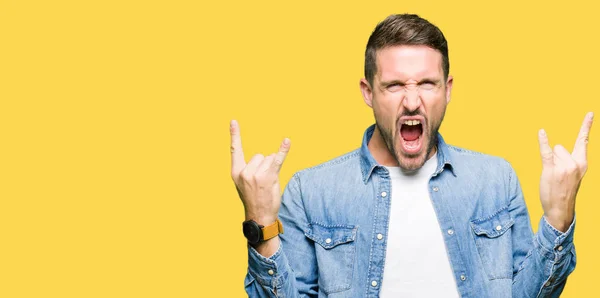 Handsome Man Blue Eyes Beard Wearing Denim Jacket Shouting Crazy — Stock Photo, Image