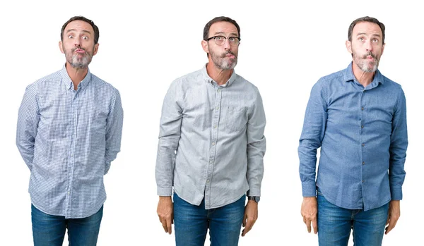 Colagem Homem Negócios Sênior Bonito Sobre Fundo Isolado Branco Fazendo — Fotografia de Stock