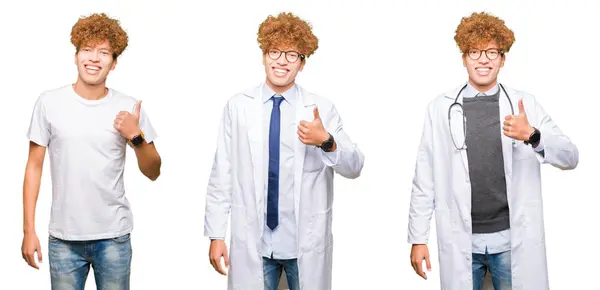 Collage Joven Doctor Usando Abrigo Médico Sobre Fondo Blanco Aislado — Foto de Stock