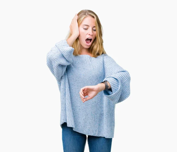 Schöne Junge Frau Trägt Blauen Pullover Über Isoliertem Hintergrund Und — Stockfoto