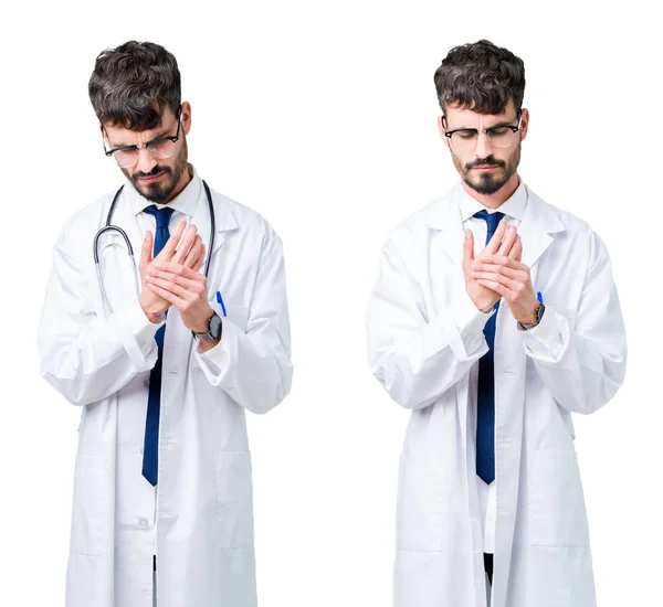 Collage Giovane Medico Che Indossa Cappotto Medico Dolore Alle Mani — Foto Stock