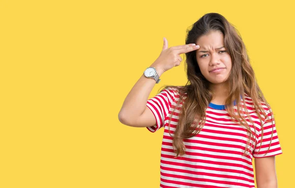 Jovem Bela Mulher Morena Vestindo Listras Camiseta Sobre Fundo Isolado — Fotografia de Stock