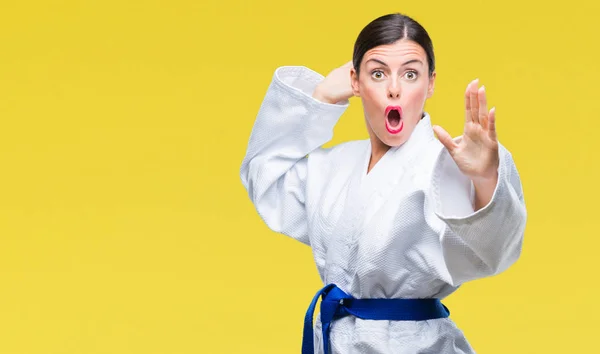 Young Beautiful Woman Wearing Karate Kimono Uniform Isolated Background Afraid — Stock Photo, Image