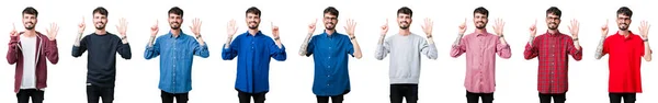 Collage Young Man Isolated Background Showing Pointing Fingers Number Six — Stock Photo, Image