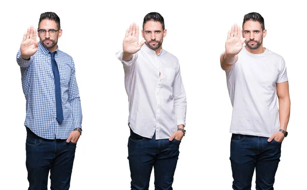 Colagem Homem Negócios Bonito Sobre Fundo Isolado Branco Fazendo Parar — Fotografia de Stock