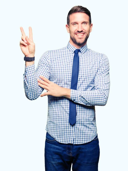 Bonito Homem Negócios Usando Gravata Sorrindo Com Rosto Feliz Piscando — Fotografia de Stock