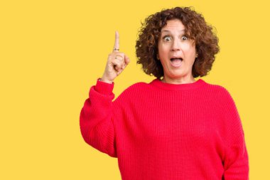 Güzel orta ager üst düzey kadın kırmızı kış kazak başarılı fikirle parmağı yukarıyı izole arka plan üzerinde. Çıktıktan ve mutlu. Bir numara.