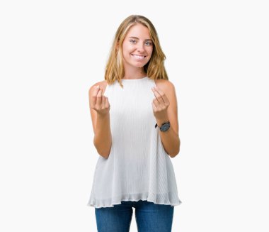 Maaş ödeme için milyoner iş isteyen güzel genç zarif kadın izole arka plan yapıyor para hareketi el ile