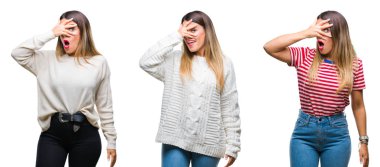 Kolaj mahcup ifadeyle parmaklarımın arasından seyir izole arka yüz ve gözler el ile kapsayan şok bakmak genç güzel kadın.