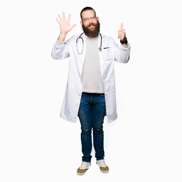 Young Blond Doctor Man Beard Wearing Medical Coat Showing Pointing — Stock Photo, Image