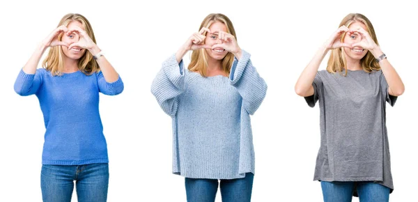 Collage Von Schönen Blonden Frau Über Weißen Isolierten Hintergrund Tun — Stockfoto