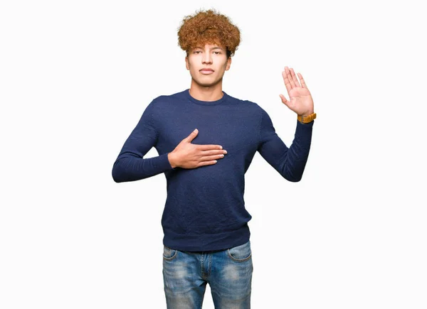 Young Handsome Man Afro Hair Swearing Hand Chest Open Palm — Stock Photo, Image